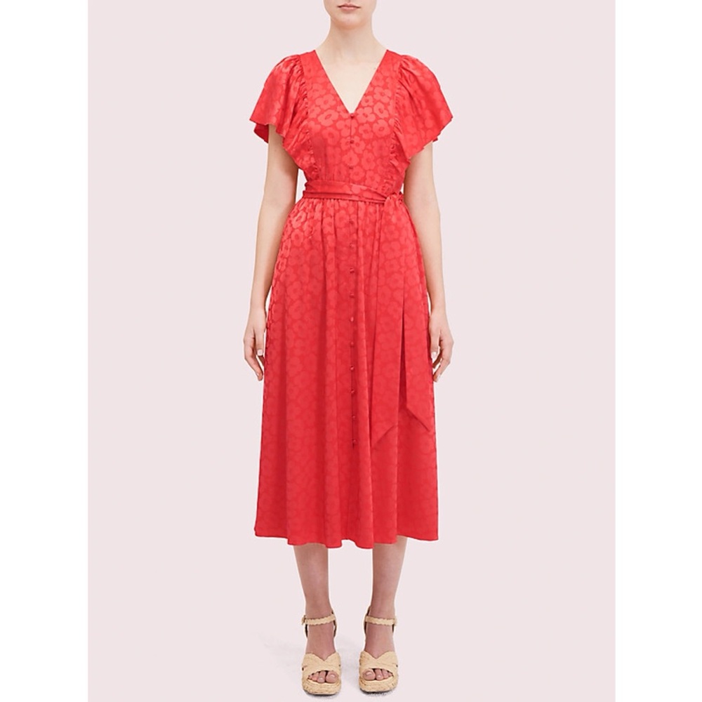 KATE SPADE Belted Ruffled Floral Satin-jacquard Midi Size 8‎